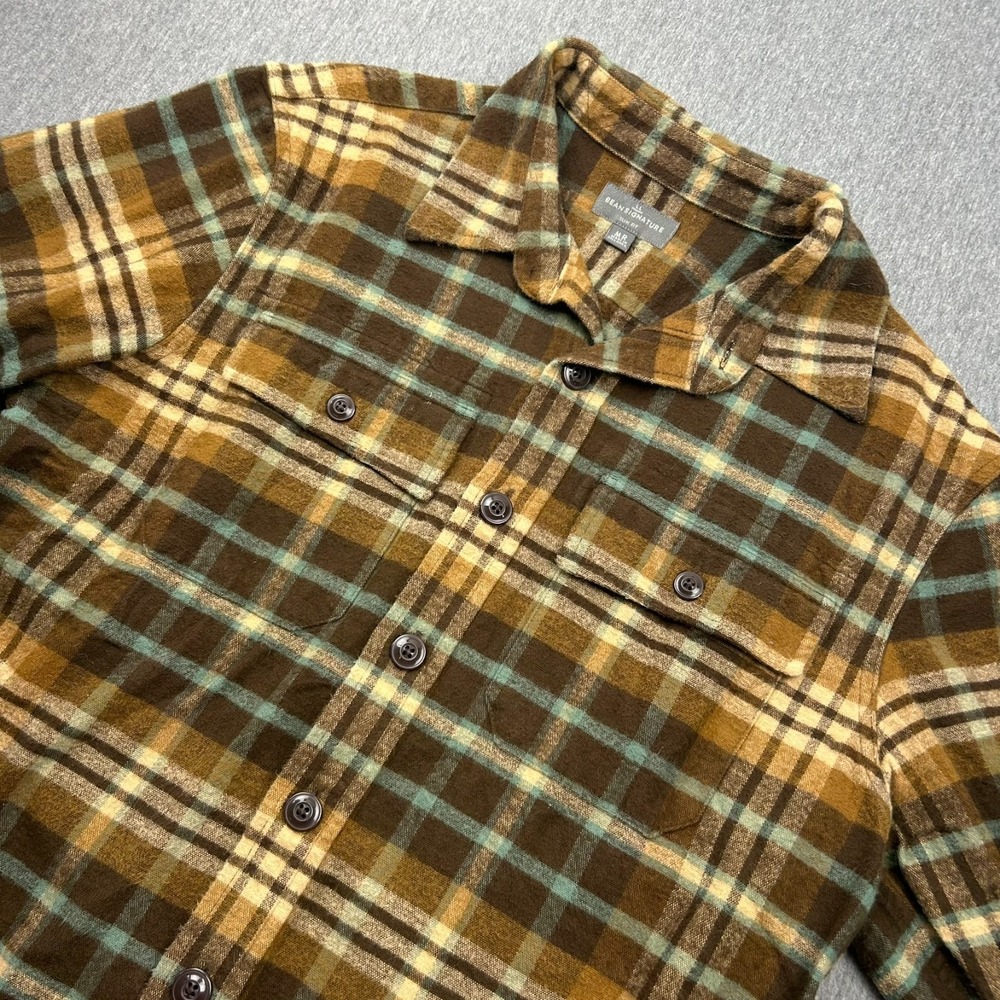 LL Bean Signature 1933 Chamois Cloth Flannel Shirt Mens Medium Slim Brown Plaid